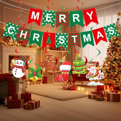 Miniatura 6 de Cartel de decoración de Feliz Navidad, decoración colgante de interior para fiesta de Navidad con 6 serpentinas en espiral y 14 globos