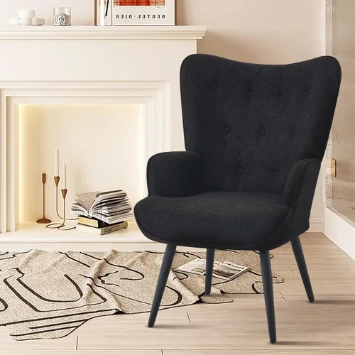 Furnimart Silla de Acento de Piel Sintética Negra con Respaldo de Ala Sillas Modernas para Sala de Estar, Cómodo Sillón de Ocio Tocador Silla de