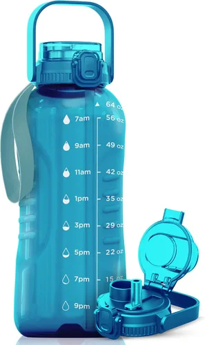Miniatura 9 de AQUAFIT Botella de agua de 128 onzas con marcador de tiempo, popote 2 en 1 y tapa para beber, botella de agua grande para gimnasio sin BPA