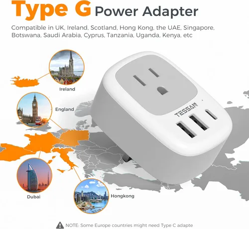 Miniatura 2 de TESSAN Ireland - Paquete de 2 adaptadores de enchufe para viajes, adaptador de enchufe TESSAN Irlanda con 3 puertos USB (1 USB C), toma de corriente