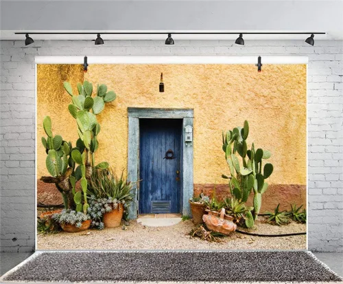 Miniatura 2 de Leyiyi Fondo de fotografía de 5 x 3 pies, diseño de cactus de México, edificio occidental, planta del desierto, Saguaro, grunge, piedra, pared
