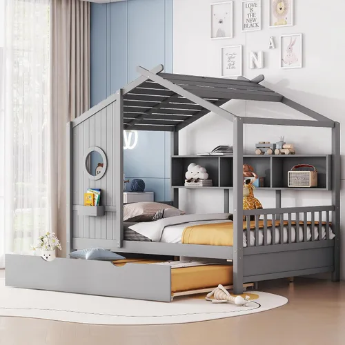 Miniatura 3 de SOFTSEA Cama de plataforma de tamaño matrimonial con nido y estantes de almacenamiento, marco de cama de madera con listones de soporte, cama