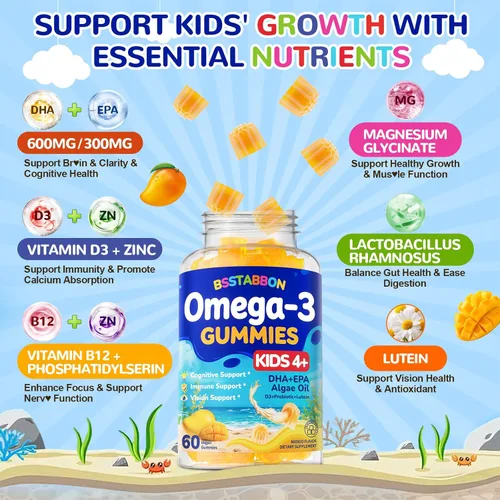 Miniatura 3 de Gomitas veganas con Omega 3 para niños de 4 años: Suplemento natural de ácidos grasos omega-3 DHA EPA con vitamina D3 B12 probiótico luteína zinc