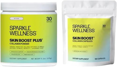 Sparkle Wellness Skin Boost Plus (sin sabor) [30 porciones] y cápsulas (180 píldoras) | VERISOL colágeno hidrolizado bioactivo y vitamina C para
