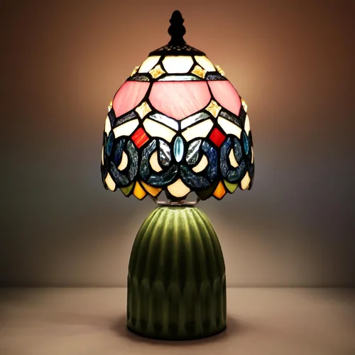 Tiffany Lamp Stained Glass Mushroom Table Lamps 6X6X12.5 Inch Pink Jewelry Baroque Style Small Night Light Ceramic Base Mini Accent Desk Light