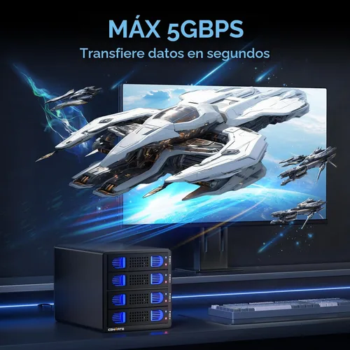 Miniatura 3 de CENMATE Caja de disco duro de 4 bahías con ventilador de enfriamiento para HDD/SSD SATA de 2.5/3.5" con cable USB A/C 3.0, Caja de disco duro sin