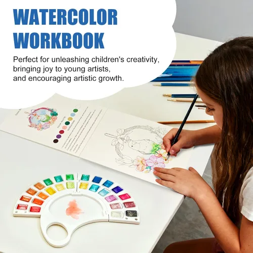 Miniatura 2 de Libro de trabajo de acuarela, libro para colorear con 13 páginas de papel de 300GSM, juego de pintura de acuarela de 26 colores con pincel y bolsa