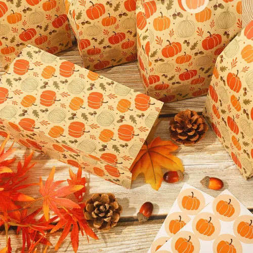 Miniatura 5 de Whaline 36 bolsas de regalo de fiesta de otoño, hojas de calabaza, bolsas de regalo de papel kraft con etiquetas, calcomanías de agradecimiento