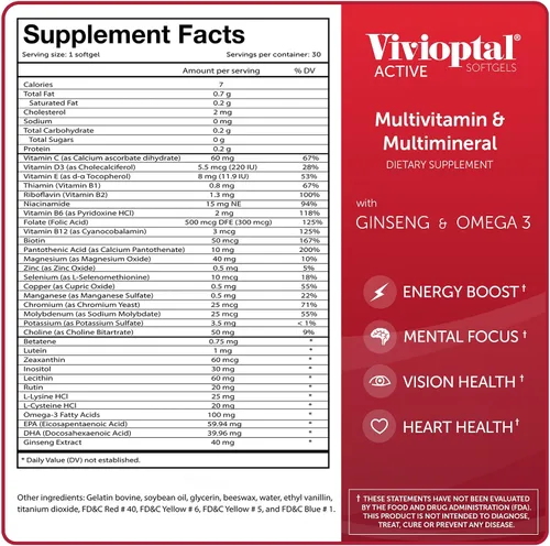 Miniatura 6 de Vivioptal Active, 30 cápsulas blandas, ginseng y omega 3, multivitamínico y multimineral, sin gluten, fórmula alemana
