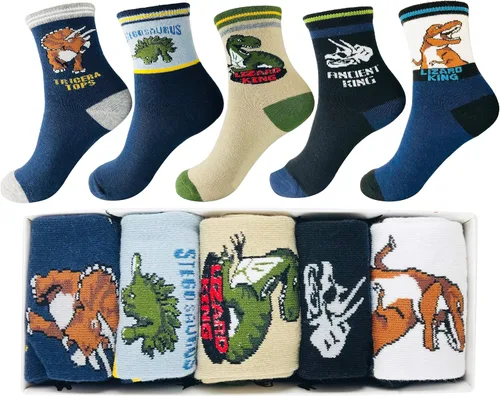 Miniatura 8 de Calcetines de dinosaurio para niños de 4 a 7 años, el mejor regalo de 7 a 10 años, calcetines de algodón para niños, paquete de 5