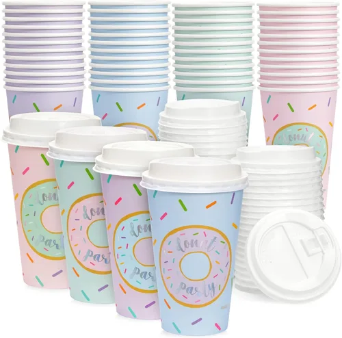 Miniatura 10 de BLUE PANDA Tazas de café de papel, 16 onzas, 48 unidades, 4 colores florales pastel, tazas desechables con tapas para café caliente y frío y té