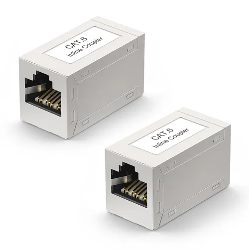 VCELINK Acoplador RJ45 blindado, extensor de cable Ethernet CAT6/CAT5E/CAT5, acoplador en línea PoE hembra a conector hembra en plata, paquete de 2