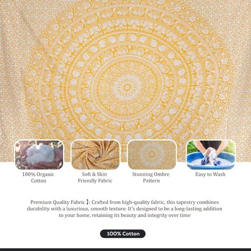Miniatura 2 de Craft Trade - Tapiz de algodón indio con mandala para pared, decoración estética boho hippie para sala de estar, meditación y dormitorio - Amarillo