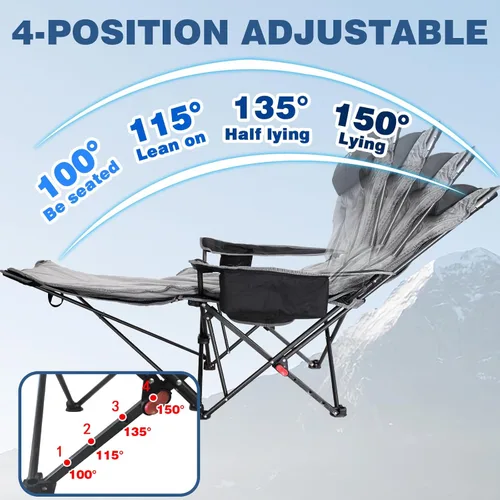 Miniatura 5 de Silla de camping reclinable de 4 posiciones con reposapiés, cómoda para adultos, tumbona plegable de 265 libras, silla de playa de malla con bolsa