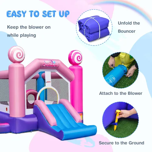 Miniatura 5 de OLAKIDS Inflatable Bounce House, Kids Pink Jumping Castle with Slide, Ball Pit, Climbing Wall, Basketball Rim, Indoor Outdoor Inflatable Obstacle