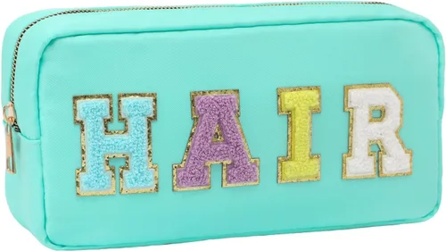 Miniatura 10 de DYSHAYEN Bolsa de Cosméticos de Nylon Pequeña, Bolsa de Maquillaje Preppy de Viaje para Mujeres y Niñas con Parches de Letras de Chenilla, Beige-Skin