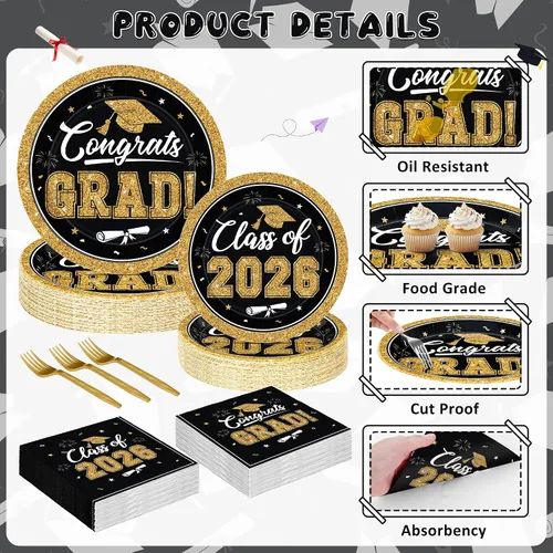 Miniatura 3 de QZYL 200 suministros para fiesta de graduación 2026, platos y servilletas de graduación negros y dorados, platos de postre desechables y tenedores