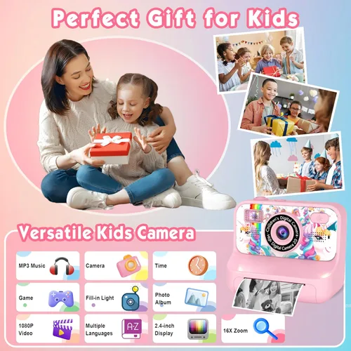 Miniatura 2 de Cámara para niños, Cámara de impresión instantánea mejorada, Cámara digital selfie dual delantera y trasera con videos de 1080P, juguete de viaje