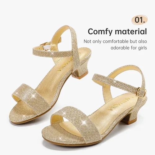 Miniatura 4 de Sandalias de tacón bajo para niñas, zapatos de vestir para bodas, fiestas, verano, puntera abierta, correa de tobillo para niños pequeños y grandes