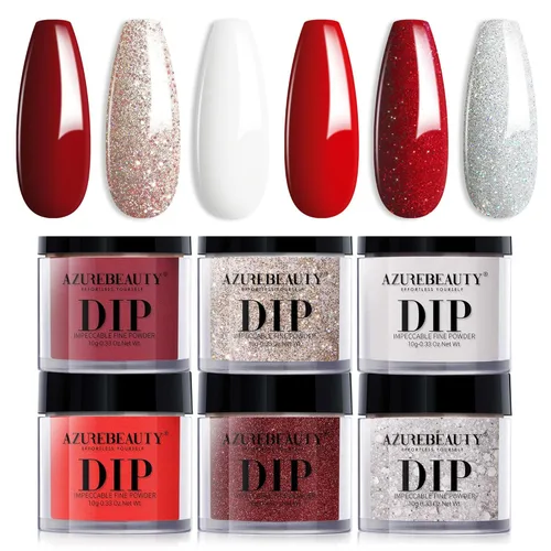 Miniatura 15 de AZUREBEAUTY Juego de uñas en polvo de inmersión, 6 colores con purpurina, rojo, verde, plateado, dorado, kit de iniciación de polvo de inmersión