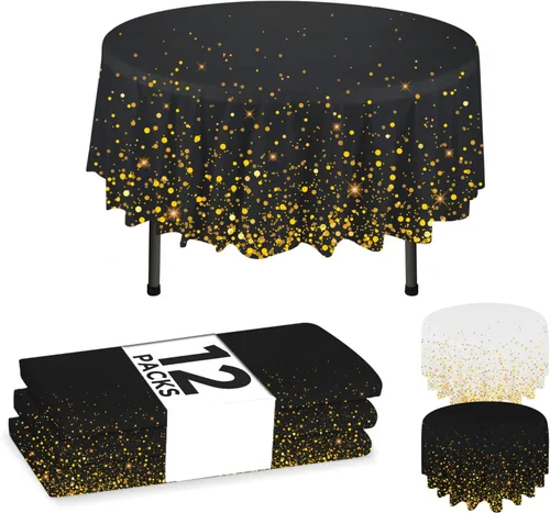 Miniatura 8 de NORZEE Paquete de 6 manteles de plástico desechables color negro, mantel de plástico de 84 pulgadas, mantel redondo color negro y dorado CONFETY