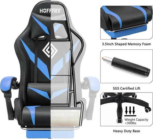 Miniatura 7 de HOFFREE - Silla gamer con masaje, altavoces Bluetooth y luces LED, silla ergonómica para computadora y videojuegos con reposapiés, silla de Azul