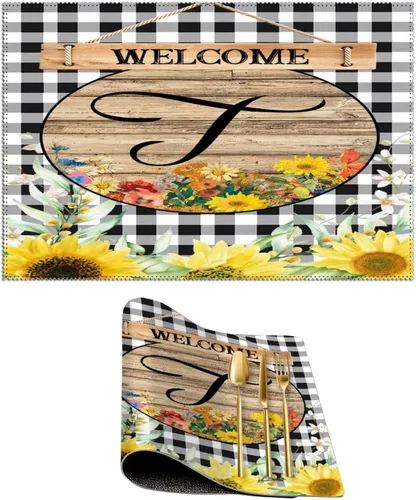 Miniatura 27 de Manteles individuales de bienvenida con diseño de girasol vintage con bandera R con inicial, 1 unidad, estilo granja, para mesa de comedor, cocina
