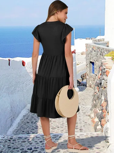 Miniatura 6 de ANRABESS Vestido de verano para mujer, manga con volantes, cuello en V, vestido midi a la moda, casual, holgado, escalonado, bohemio, playa