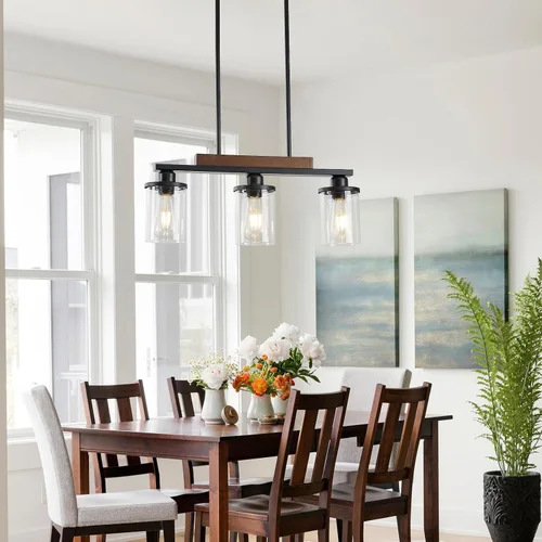 Miniatura 2 de Lámpara de comedor,Lámpara de cocina de 3 luces para iluminación de granja, iluminación colgante industrial de madera de metal negro mate,Luces