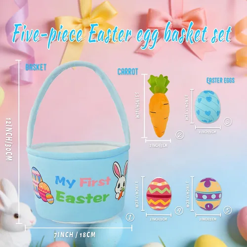 Miniatura 2 de Juego de 5 cestas de peluche para conejito de Pascua, cubos de Pascua con huevos de Pascua, cesta de caza para regalos de fiesta de Pascua, bolsas
