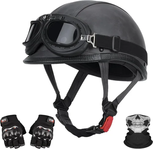 Miniatura 11 de Casco de motocicleta de cuero hecho a mano, casco retro de media cara para adultos, hombres y mujeres, casco ligero abierto 1/2 vintage