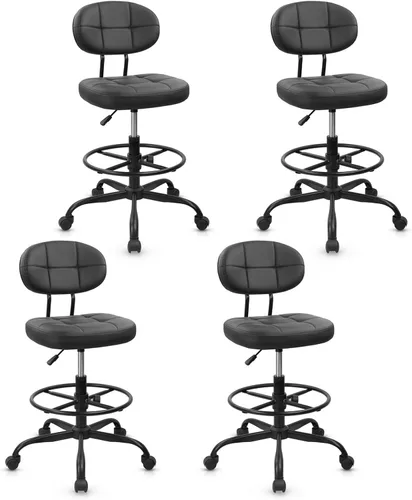 Miniatura 12 de KLASIKA Taburete alto con ruedas de dibujo con soporte de respaldo bajo y anillos ajustables para reposapiés, juego de 2 sillas de escritorio negro