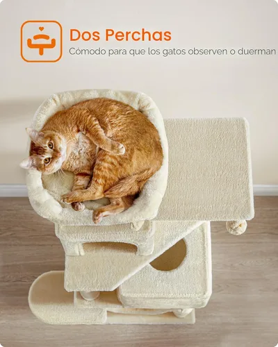 Miniatura 4 de Feandrea - Árbol para gatos de varios niveles para interiores, torre para gatos tipo condominio con 4 postes para rascar, 2 posaderos, hamaca y Beige