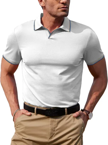Miniatura 2 de dimidium Camisa polo de algodón de manga corta con cuello en V para hombre, estilo casual, elegante, ajuste regular, camiseta de punto Henley de golf