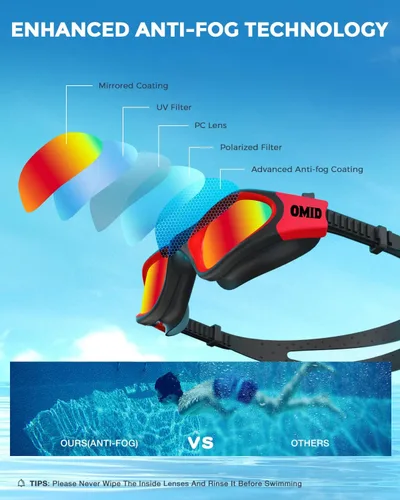 Miniatura 4 de OMID Kids Swim Goggles, P2mini Polarized Swimming Goggles Comfortable for Age 6-14 Lente roja A2-espejo marco negro rojo