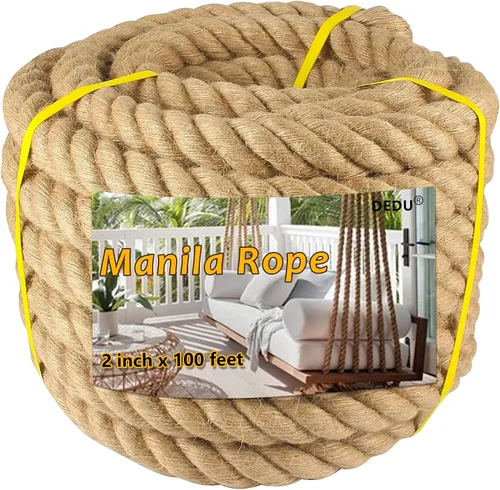 Miniatura 23 de Cuerda de Manila de 2 pulgadas x 50 pies, cuerda de cáñamo gruesa de 4 hebras trenzadas, cáñamo natural para manualidades de servicio pesado