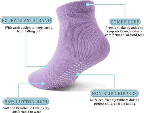 Miniatura 2 de Tenpluszero Calcetines de algodón antideslizantes para niños pequeños, calcetines de algodón con agarres para bebés, niños y niñas