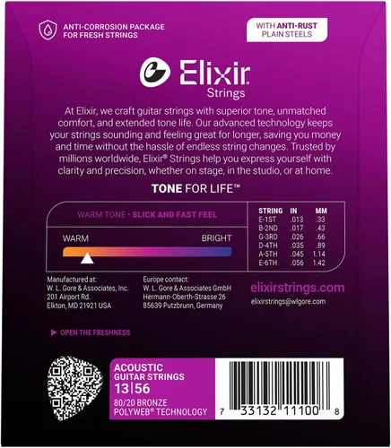 Miniatura 2 de Elixir, cuerdas de bronce para guitarra acústica 80/20 con recubrimiento Polyweb, extralivianas (.010-.047), blanco negro rojo azul