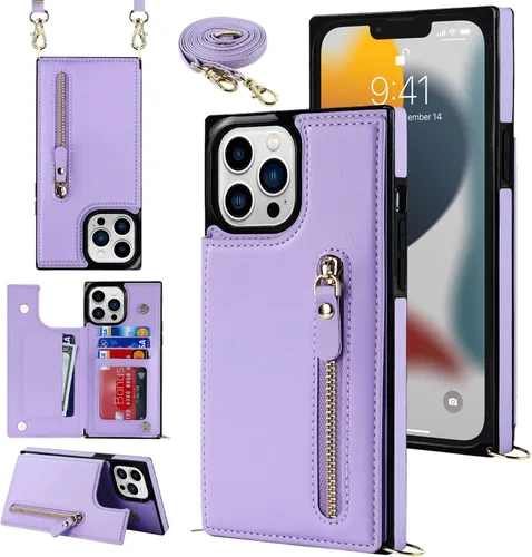 Miniatura 13 de Funda cruzada para teléfono iPhone 13 Pro Max de cuero con tarjetero, funda protectora extraíble, correa de cuero ajustable con botón, compatible
