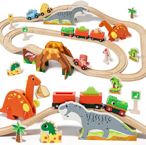 Miniatura 9 de Lehoo Castle Juego de tren de madera, juguetes de construcción para niños de 2 a 4 años, pista de tren de madera para niños con grúa, juguetes