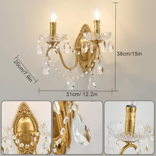 Miniatura 5 de Juego de 2 Apliques de Pared de Cristal, Apliques de Pared de Cristal, Apliques de Pared Vintage, Acabado de Latón Dorado con Gotas de Vidrio
