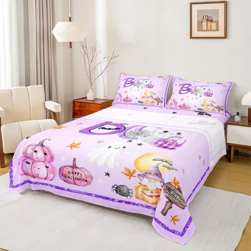 Juego de sábanas Kawaii de fantasma, tamaño individual, juego de ropa de cama morado de Halloween de 3 piezas para decoración de habitación de niños