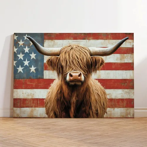 Miniatura 3 de JDBeehpy Arte de pared de vaca de las tierras altas de granja, bandera americana, sin marco, póster patriótico para el Día de la Independencia del 4