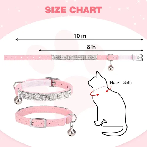 Miniatura 6 de BINGPET collar ajustable para gatos, de terciopelo suave, seguro, collares Bling diamante con cascabel, Adjustable, Rosado claro Rosa