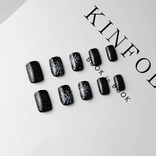 Miniatura 5 de Uñas postizas a presión con copos de nieve, uñas postizas cuadradas cortas de Navidad, uñas acrílicas negras con purpurina, kit de uñas postizas