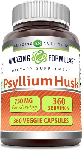 Amazing Formulas Psyllium Husk 750mg 360 cápsulas vegetales Suplemento | Sin OMG | Sin gluten | Fabricado en Estados Unidos | Adecuado para