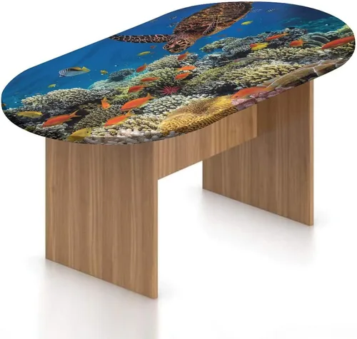 XISUNYA Mantel ovalado ajustable, mantel de poliéster elástico en el océano, mantel ajustable con estampado de tortugas viejas y peces y tortugas,