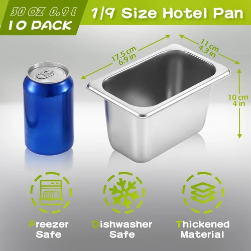 Miniatura 2 de Thenshop Paquete de 10 sartenes de acero inoxidable de tamaño 1/9 de 4 pulgadas de profundidad, bandejas de metal para mesa de vapor