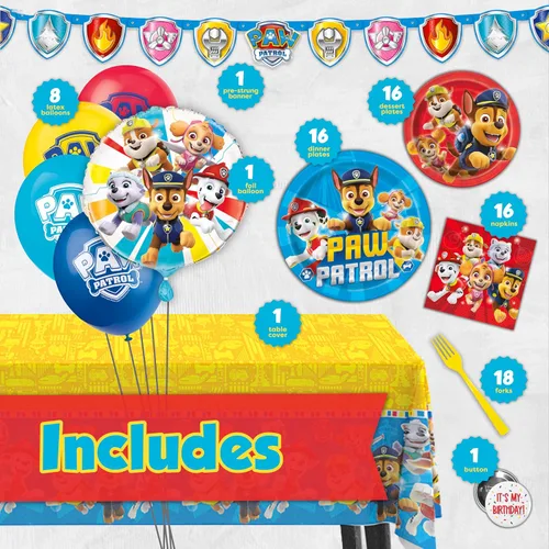 Miniatura 2 de Decoraciones de cumpleaños de Paw Patrol Sirve a 16 invitados Suministros de fiesta de Paw Patrol Globos, pancarta, mantel, platos de cena
