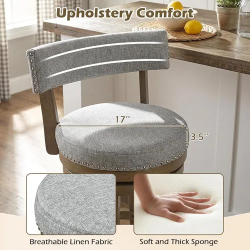 Miniatura 6 de COSTWAY Taburete de bar giratorio de 27 pulgadas, con respaldo acolchado y patas de madera de goma, silla de desayuno para isla de cocina